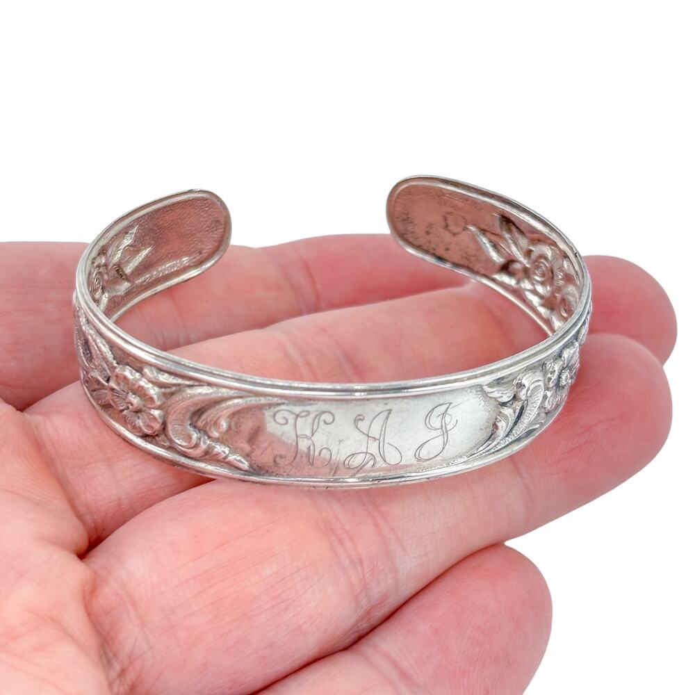 Vintage Sterling Silver 925 Floral KAJ Monogram Cuff Bracelet 6"